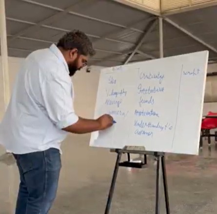 Faculty member mapping the skills and resources needed to build a media venture on a whiteboard for journalism and mass communication students at PES University
